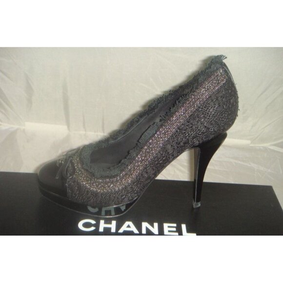 Chanel Tweedy Black Platform Pumps with Interlocking CC Logo - Size 41, New - Picture 3 of 6